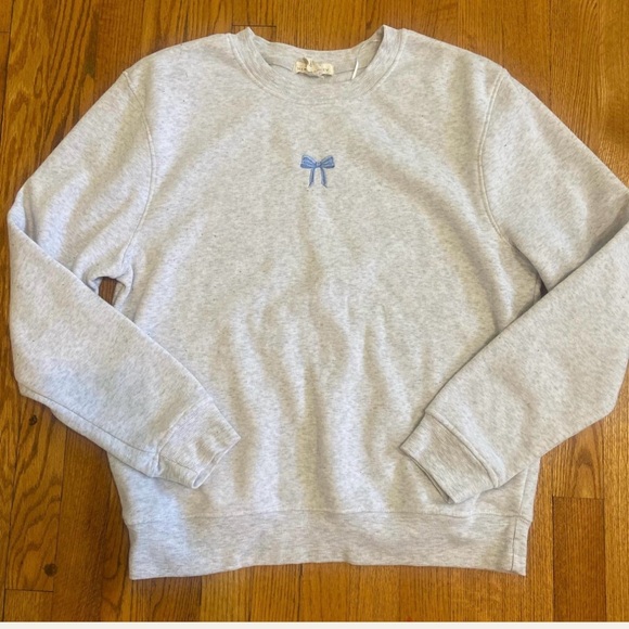 Happily Grey Tops - Gray Sweatshirt with Blue Bow Accent